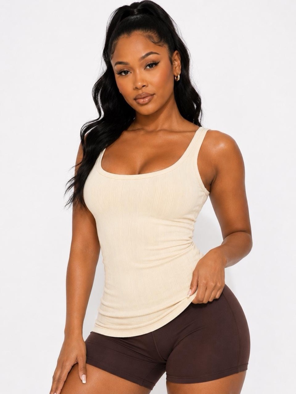 Ribbed Scoop Neck Tank Top in Cream